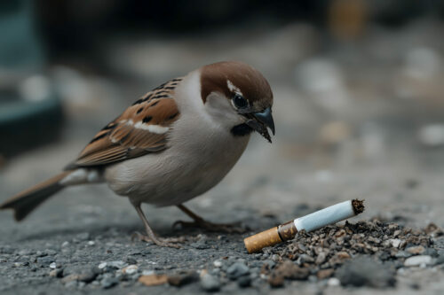 Sparrow Holding a Cigarette in Its Beak Sparrow Holding a Cigarette in Its Beak